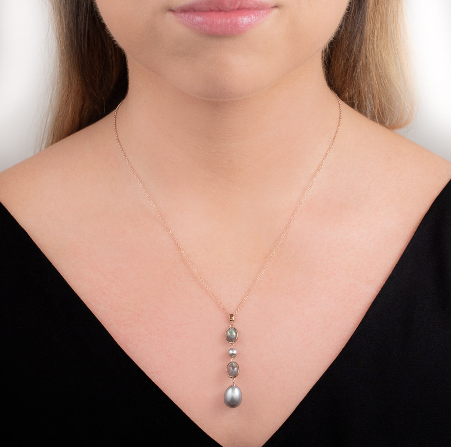 Labradorite And Pearl Drop Pendant Necklace